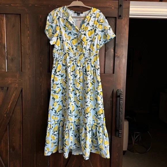 ❗️FINAL❗️NWT French Connection Blue and Yellow Lemon Midi Dress XL - Picture 2 of 14